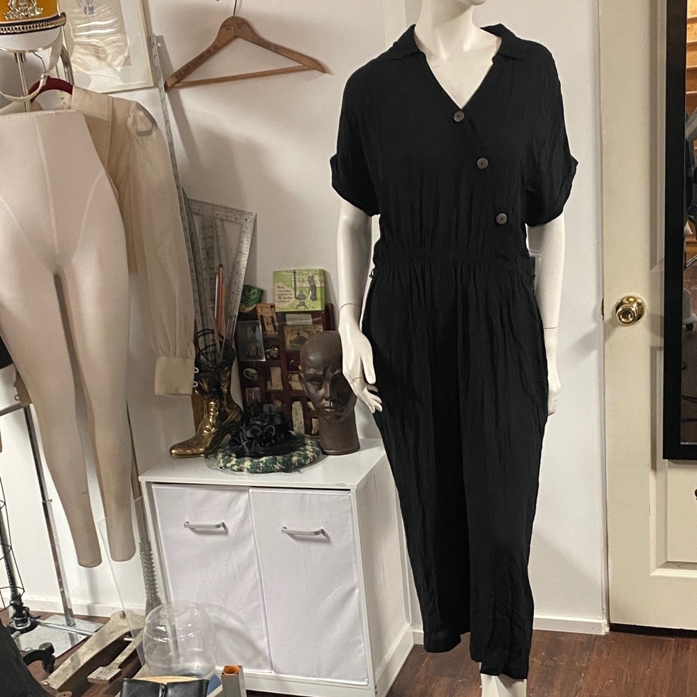 a.n.a Black Short-Sleeve Button-Front Jumpsuit